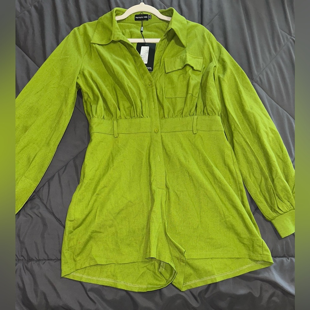 Olive Linen Look Shirt Romper/10/PLT